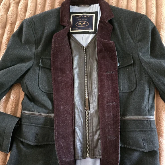 Zara Man Denim Couture Dark Green Blazer with Burgundy Accents - Picture 3 of 4